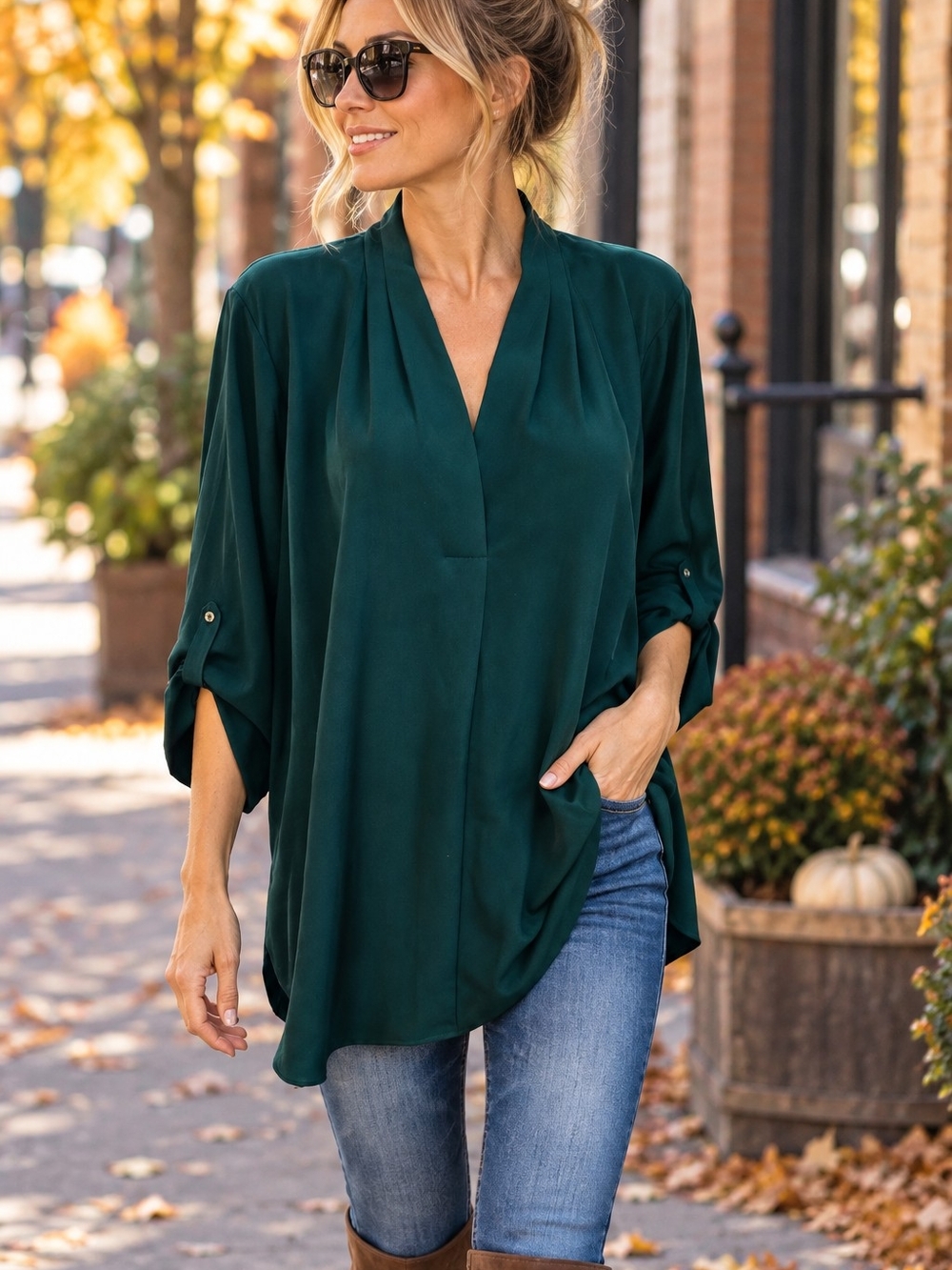 Calvin Klein NWT Women’s Green Roll Tab Sleeve Tunic Blouse Stretch Fit